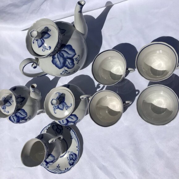 Rare Vtg Russian (USSR) Soviet Antq DULEVO Dapko Blue Floral Porcelain Tea Set - Picture 15 of 16